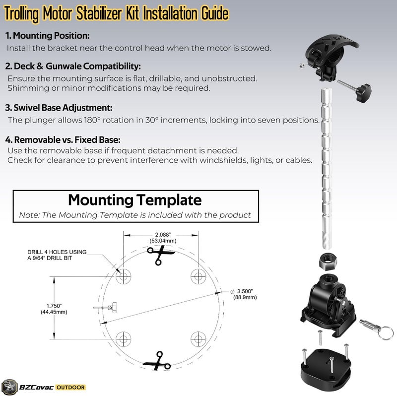 Bzcovac Electric Steer Trolling Motor Shaft Support for Minn Kota - MKA-60 Bow-Mount Stabilizer Kit with Low-Profile Base and Mounting Screws, 1862060 - Image 5